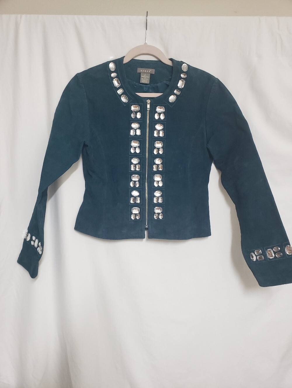 Kenar Teal Genuine Suede Rhinestone Embellished Jacket Zip Front Sz6 Like New